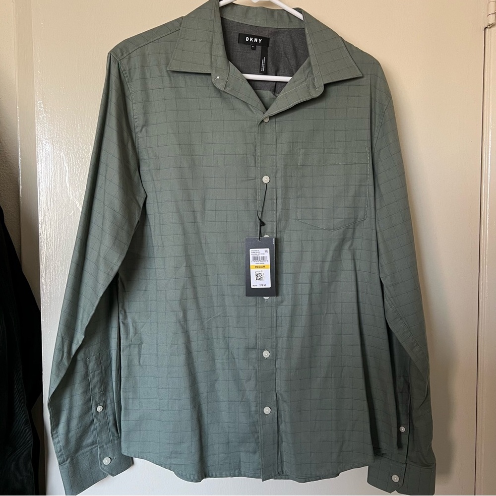 DKNY men’s long sleeve button down cotton shirt NWT agave green check M medium